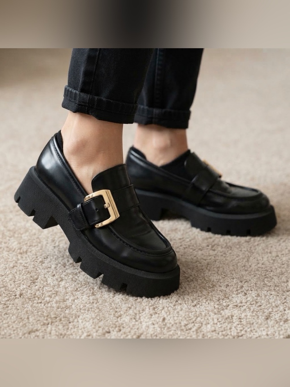 Zara Black Chunky Lug Sole Loafers Shoes with Buckle Size EUR 38 US 7.5